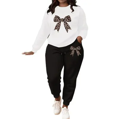 Women's Leopard Print Bow Long Sleeve Round Neck Sweatshirt Set - 6