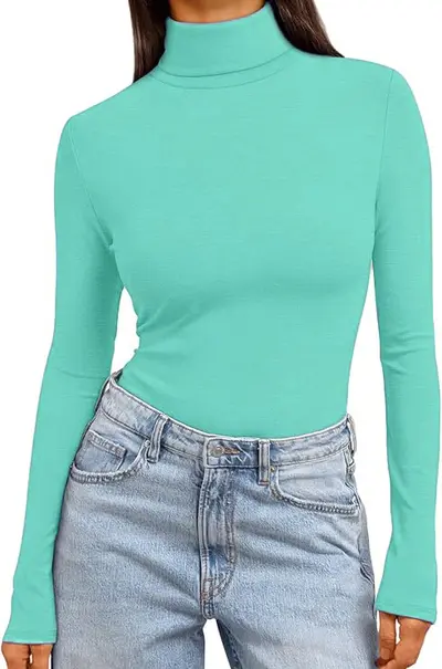 High Neck Long Sleeve Women's Base Layer Top, Solid Color Slim Fit - 11