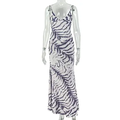 Women's Striped Spaghetti Strap Long Party Dress with Tie-Back - 7