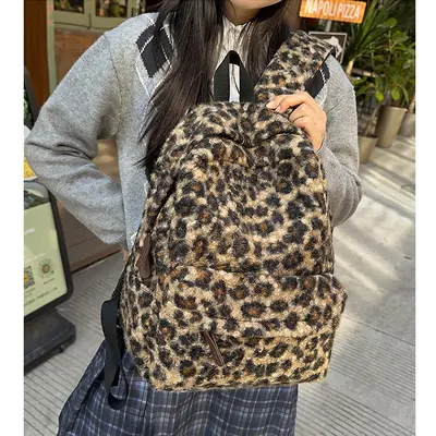 Retro Plush Leopard Print Backpack, Large Capacity School Bag - 3