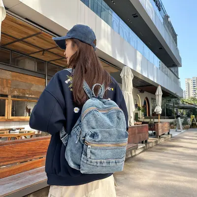 Retro Denim Small Backpack for Women, Student Casual Daypack - 3