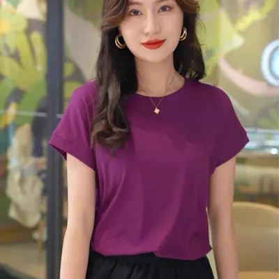 Women's TikTok Batwing Sleeve T-Shirt, Crew Neck, Summer Solid Color, Simple Dropped Shoulder Sleeve, Casual Versatile Loose Short Sleeve T-Shirt for Women.