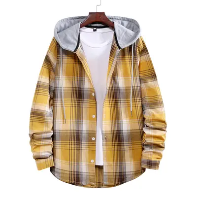 Men's Loose Plaid Hooded Shirt, Plus Size