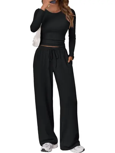 Women's Sports Yoga Set, Autumn Winter Solid Color Long Sleeve Round Neck - 7