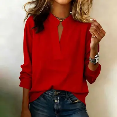 Damen-Bluse mit V-Ausschnitt, langärmlig, lässig und elegant - 8