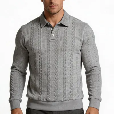 Erkek Açık Yaka POLO Yaka Ağır Gramajlı Jakarlı Rahat Sweatshirt - 7
