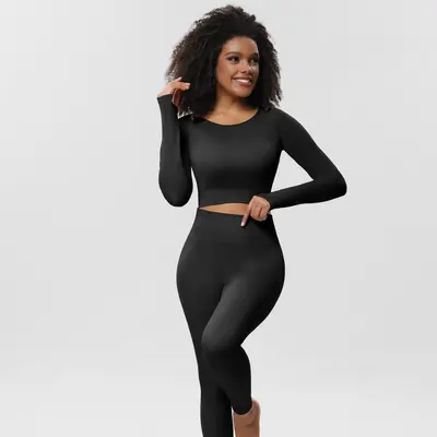 Herbst-Yogaset, 3-teilig, nahtlose Yogahose, Sport-Top und langärmliges Oberteil - 7
