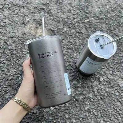 Stainless steel frosted American coffee cup, latte vacuum car cup, double-wall tumbler with straw, office thermos cup - 12