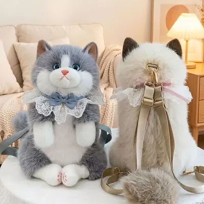 Plush Cat Doll Backpack for Kids and Girls, Realistic Stuffed Animal Decoration - 4