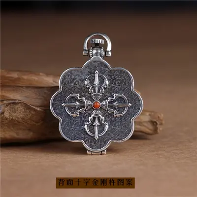 Gümüş lotus kolyesi, açılabilir kutu, altı karakter mantra, erkek-kadın