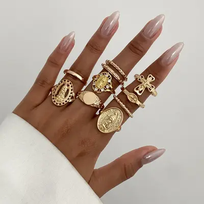 Rhinestone Crown Figure Ring Set, Retro Cross Knuckle Ring