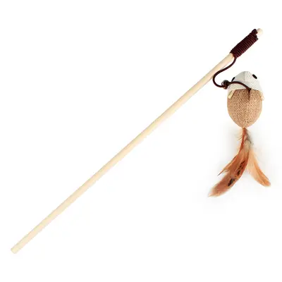 Burlap Mouse Wooden Stick Cat Teaser Wand, Interactive Handheld Cat Toy - 6