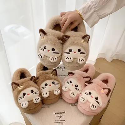 Sevimli kedi peluş kadın terlik, kış, yumuşak taban