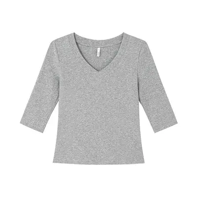 Women's Slim-Fit V-Neck Solid Color T-Shirt, Mid-Sleeve - 8