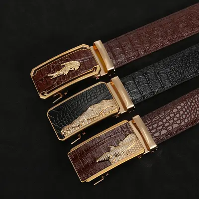 New Crocodile Logo Automatic Buckle Crocodile Texture Leather Belt Men's Business Formal Wear Durable Multi-Color Versatile Cowhide Waist Belt - 2
