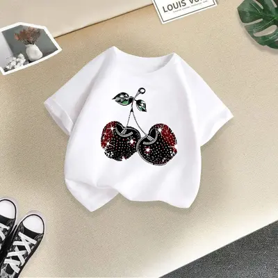 Girls' Short Sleeve T-Shirt with Cherry Print, Summer