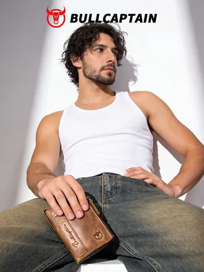 Men's Retro Genuine Leather Zipper Wallet, Vertical, Top-Grain Cowhide - 5