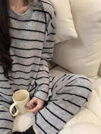 Women's Striped Two-Piece Pajama Set, Autumn Plus Size - 6