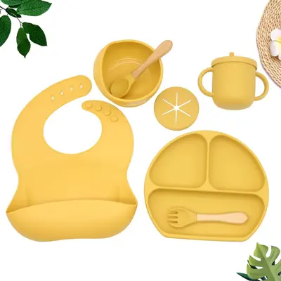 Silicone dinner plate baby bib baby bowl tableware set placemat spoon fork anti-drop snack cup set cross-border ready stock