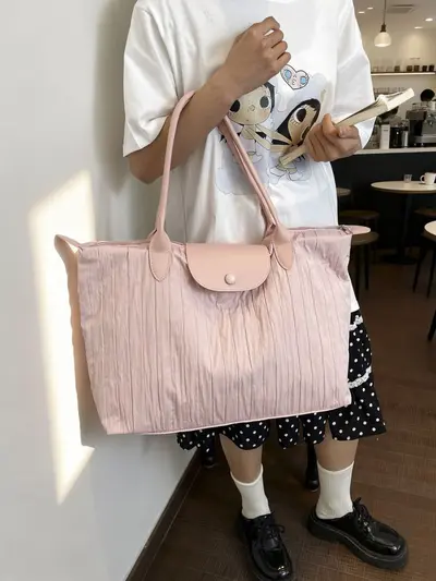 Wrinkled Nylon Handheld Travel Bag Women Large Capacity Single Shoulder Luggage Tote Lightweight Short Trip Business Trip Fitness Storage Bag
