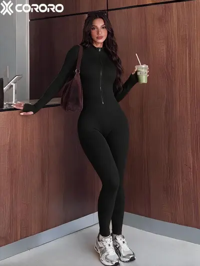 Women's Zip Long Sleeve Yoga Jumpsuit with Thumb Holes, Butt-Lifting Sports Bodysuit - 4