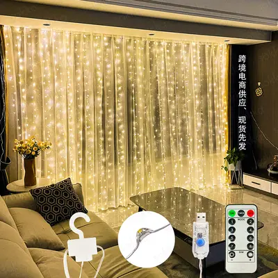 Sınır ötesi stokta bulunan 3*3 metrelik LED bakır tel ışık zinciri, kancalı, uzaktan kumandalı, USB girişli, yatak odası perde dekorasyonu için.