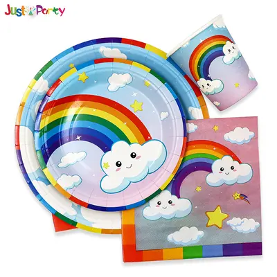 Amazon White Cloud Rainbow Одноразовый набор бумажных тарелок, бумажных стаканчиков и салфеток для детского дня рождения