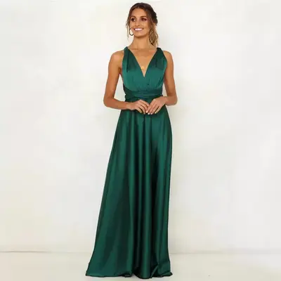 Women's Satin Long Evening Dress, Deep V-Neck, Solid Color, Summer - 7