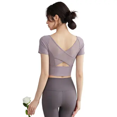 Kadın Kısa Kollu Yoga Üstü, Çapraz Açık Sırt, Mesh Koşu ve Pilates - 5
