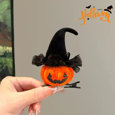 Halloween Pumpkin Hair Clip with Witch Hat