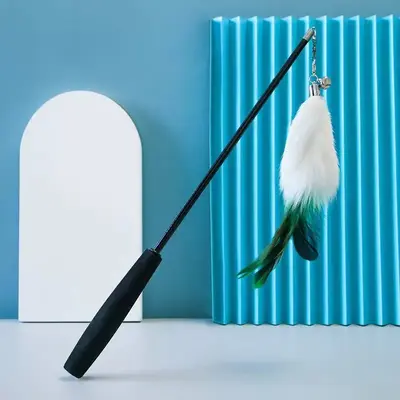 Retractable Cat Teaser Wand, Fox Fur Feather Replacement Head with Bell - 7