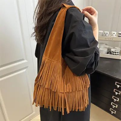 Suede-Look Fringe Underarm Bag, Large Capacity Tote Bag