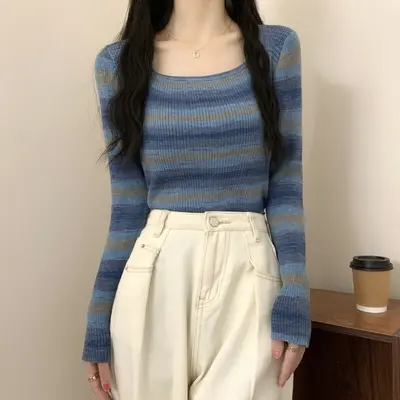 Women's Square Neck Long Sleeve Knit Base Top, Contrast Stripe, Korean Style - 7