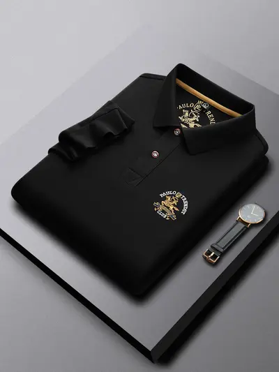 Men's 100% Mercerized Cotton Polo Shirt, Embroidered Small Horse Logo, Long-Sleeve - 2