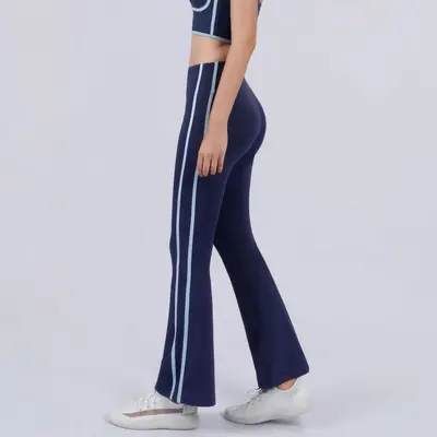Kadın yüksek bel mikro flare yoga pantolonu, yan çift şeritli, karın sıkılaştırıcı, yüksek - 4