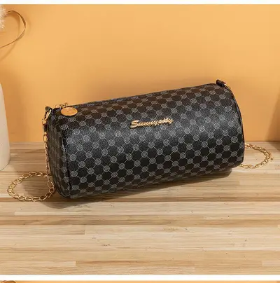 Embroidered Diamond Check Chain Women's Crossbody Bag, Cylinder Shape, 2023 Summer - 10