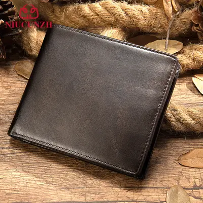 Men's wallet, genuine leather, short model, RFID anti-magnetic card holder, top-grain cowhide wallet, 3-fold USD clip, anti-magnetic security.