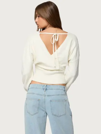 Damen-Strickpullover, langärmlig, V-Ausschnitt, Rückenschnürung, kurz