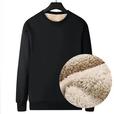 Erkek polar astarlı kalın sweatshirt, kuzu yünü yuvarlak yaka, siyah