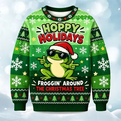 Weihnachtspullover mit Rundhals, Frosch- und Rentiermotiv - 8