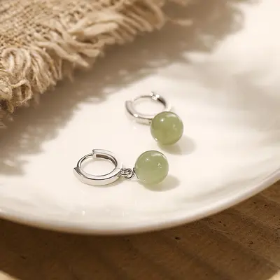 925 silver Hetian jade earring studs, needle type, women's ear jewelry - 5