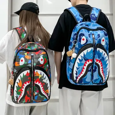 Großer Schulrucksack mit Haifisch-Print, Unisex Freizeitrucksack - 3