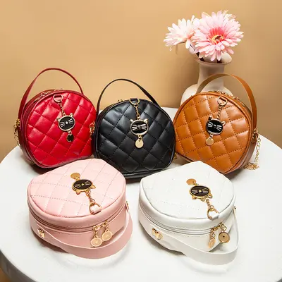 Diamond Quilted Women's Mini Chain Handbag, Small Round Design - 1