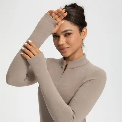 Women's Wool Yoga Top, Fleece-Lined, Half-Zip Long-Sleeve - 3