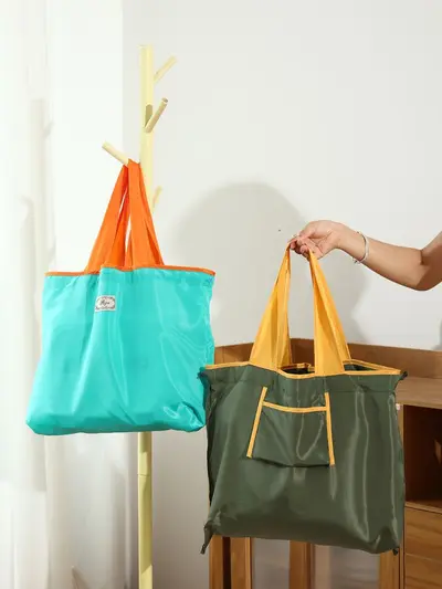 Ruched Color-Block Large Foldable Fabric Shopping Tote Bag