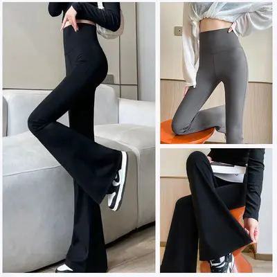 Damen Haifischhose mit Schlag und hoher Taille, glatt, figurformend, Yogahose dünn - 5