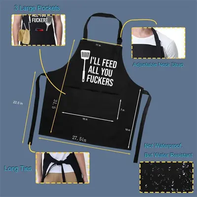 Black Men's Barbecue Chef Apron with Pockets, Adjustable, Waterproof