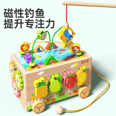 儿童益智玩具智力车木质绕珠水果拼图多功能积木宝宝精细动作训练
