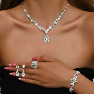 Moda Avrupa Amerika Yeni Koleksiyon Lüks Kristal Mücevher Kadın Su Damlası Kolye Küpe Bileklik Yüzük Seti - 11