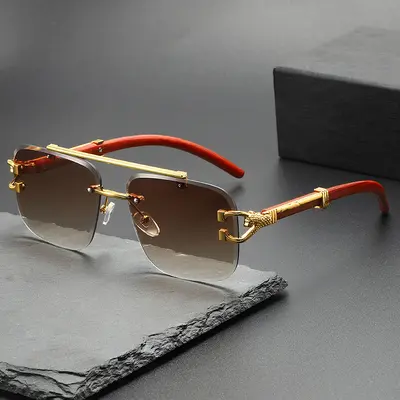 Wood Grain Leopard Head Sunglasses, Double Bridge Square Frameless, Sun Protection - 11